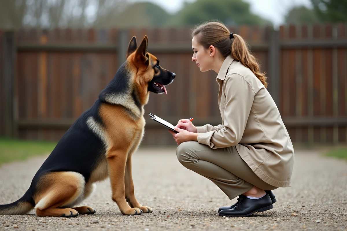 Spécialiste en comportement canin évaluant un chien de race berger allemand dans un espace extérieur clôturé