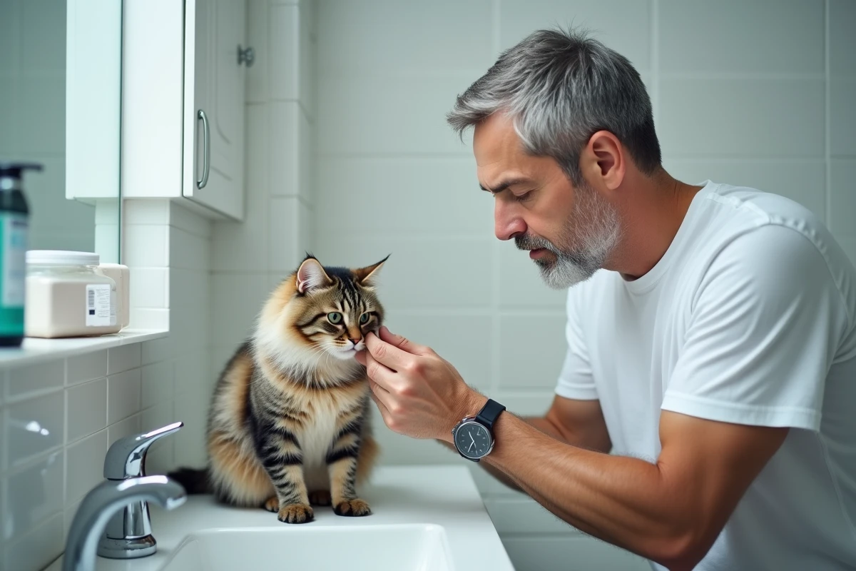 Homme examinant l'oreille de son chat dans une salle de bain avec une trousse de premiers secours ouverte