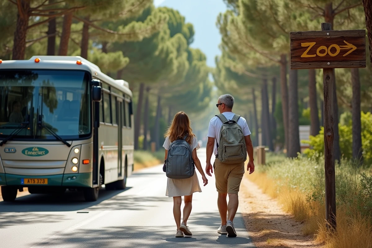 Famille descendant d'un bus régional à l'arrêt proche du Zoo de La Palmyre aux Mathes avenue de Royan