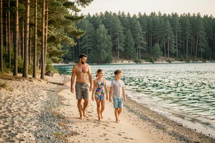Famille se promenant sur la plage du lac de Vassivière près du parc Aplouf en été