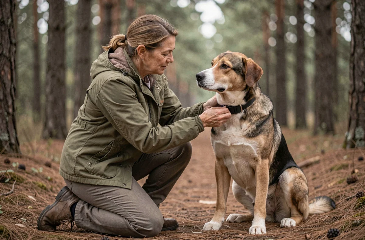 Femme ajustant un collier GPS sur son grand chien en forêt