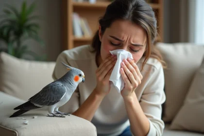 Femme allergique aux oiseaux éternuant près d'une perruche dans un salon