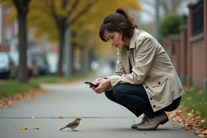 Femme tenant un smartphone en se penchant vers un oiseau mort trouvé sur un trottoir en ville, expression préoccupée