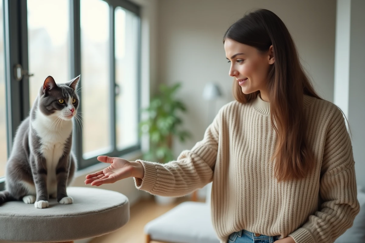 Femme tendant la main vers un chat gris et blanc sur un arbre à chat, chat montrant un comportement défensif