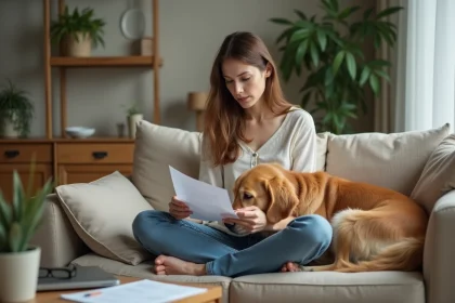 Femme examinant une police d'assurance pour animaux avec son chien golden retriever sur ses genoux dans un salon confortable