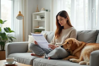 Femme consultant un document d'assurance chien avec son golden retriever sur le canapé