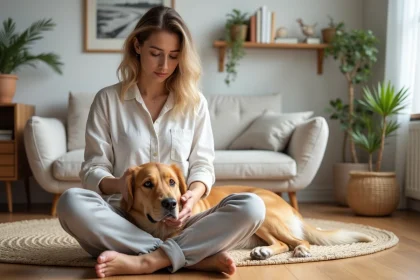 Femme assise sur un parquet avec un golden retriever posant la tête sur ses genoux dans un salon scandinave chaleureux