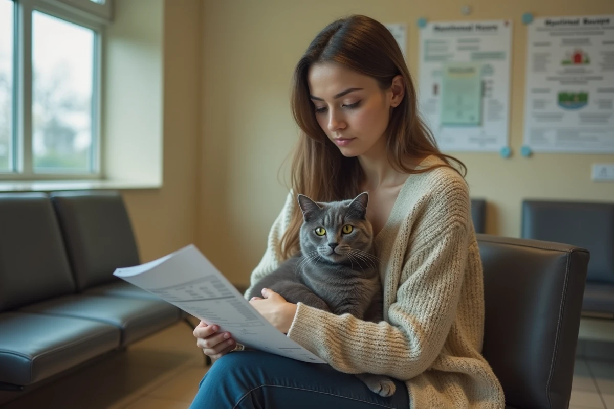 Femme tenant un chat dans une salle d'attente vétérinaire en lisant une brochure sur le prix de la puce