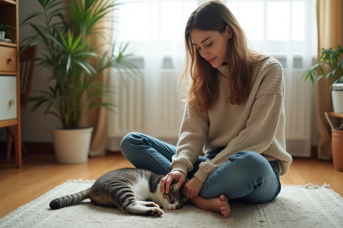 Jeune femme caressant son chat stérilisé calme sur le sol de son appartement