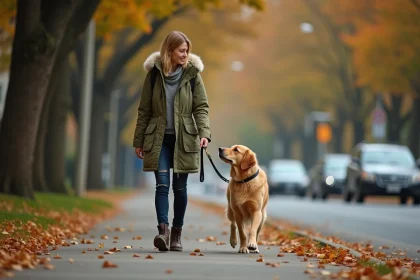 Femme promenant son golden retriever en laisse détendue sur un trottoir arboré en automne