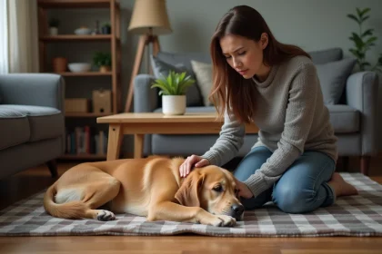 Femme inquiète auprès de son chien golden retriever malade couché sur une couverture dans un salon, illustrant les soins vétérinaires et l'assurance animaux