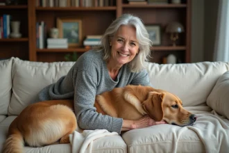 Femme d'âge mûr tenant un vieux golden retriever sur ses genoux dans un salon, illustrant les soins vétérinaires pour chiens âgés et l'assurance animaux de compagnie