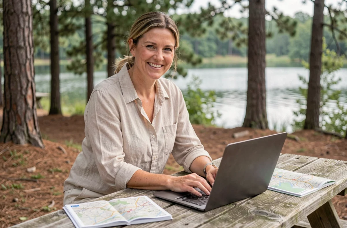 Femme consultant le site Aplouf.com sur un ordinateur portable au bord du lac de Vassivière