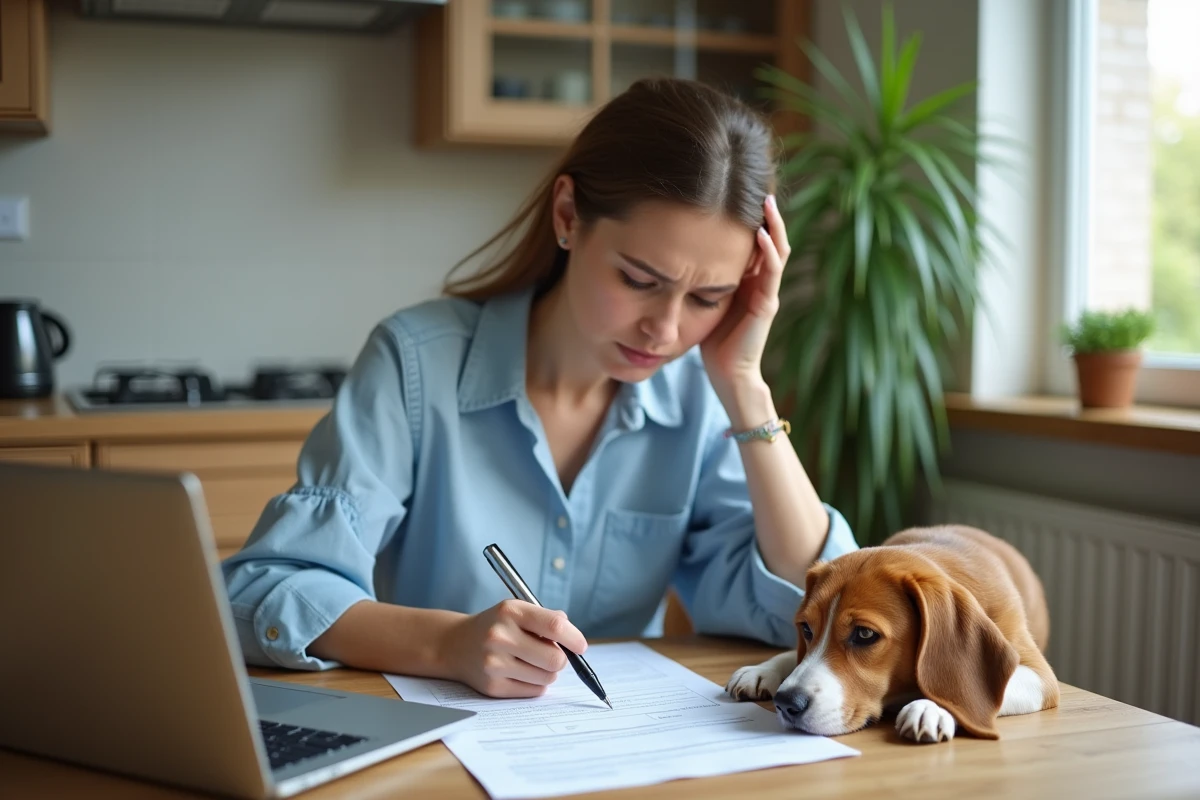 Jeune femme étudiant un contrat d'assurance pour animaux de compagnie à la maison avec son beagle, pour comprendre la couverture de la gastro-entérite