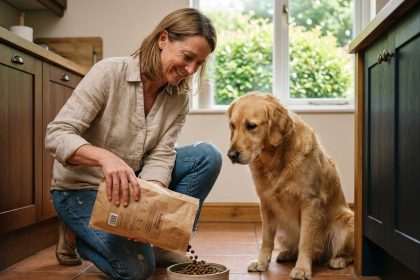Femme versant des croquettes adaptées dans la gamelle de son golden retriever dans une cuisine familiale