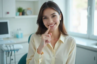 Femme touchant ses dents de lapin chez le dentiste, illustrant le traitement des incisives proéminentes
