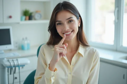 Femme touchant ses dents de lapin chez le dentiste, illustrant le traitement des incisives proéminentes