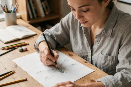 Jeune femme dessinant une libellule au crayon graphite sur du papier blanc dans un atelier maison cosy