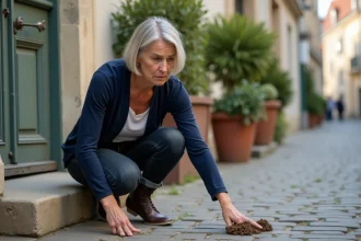Femme mécontente montrant des crottes de chien devant sa porte d'entrée sur un trottoir en pavés