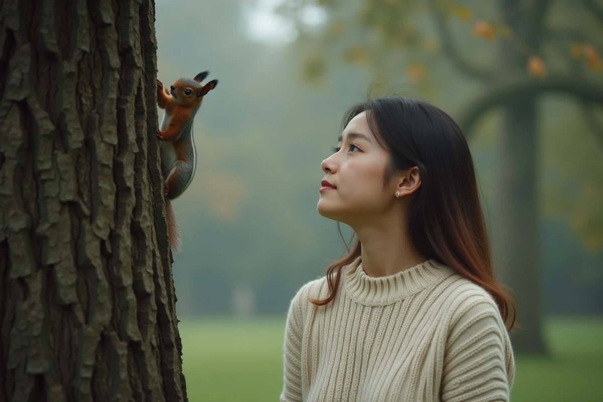 Jeune femme observant un écureuil sur un arbre dans un parc brumeux, symbolisant la quête de sens et de présages dans la nature
