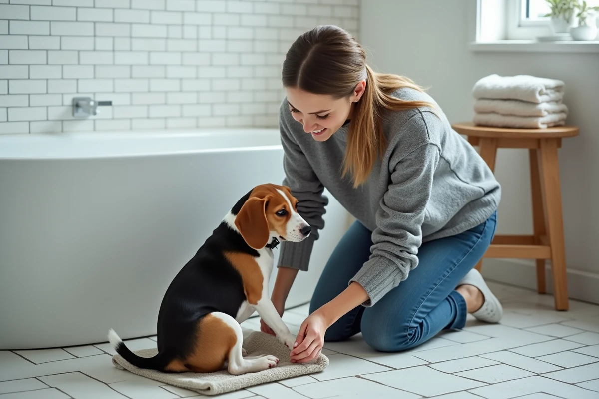 Femme essuyant les pattes d'un beagle avec un tapis absorbant après une promenade