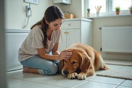 Femme inquiète examinant son chien golden retriever allongé sur le sol de la salle de bain à la maison