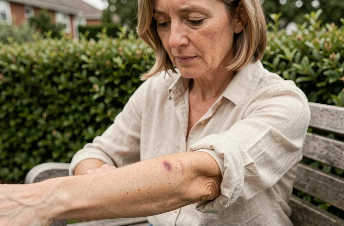 Femme examinant une morsure légère sur son avant-bras dans un jardin, illustrant les signes cutanés à surveiller après contact avec un reptile