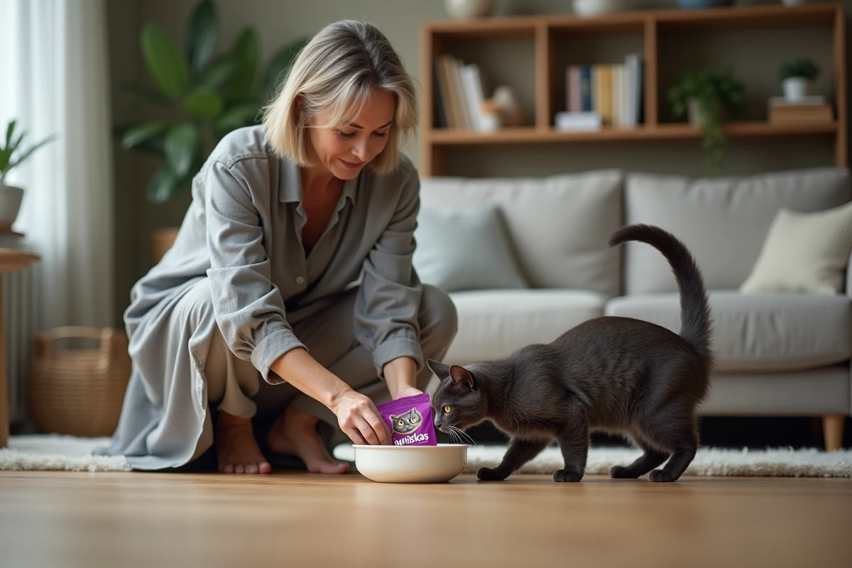 Femme qui nourrit son chat britannique à poil court avec une poche Whiskas dans un salon chaleureux