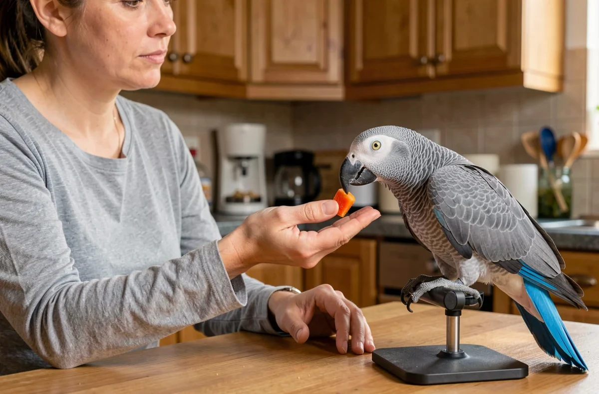 Femme adulte offrant de la nourriture à un perroquet Gris du Gabon bleu dans une cuisine familiale