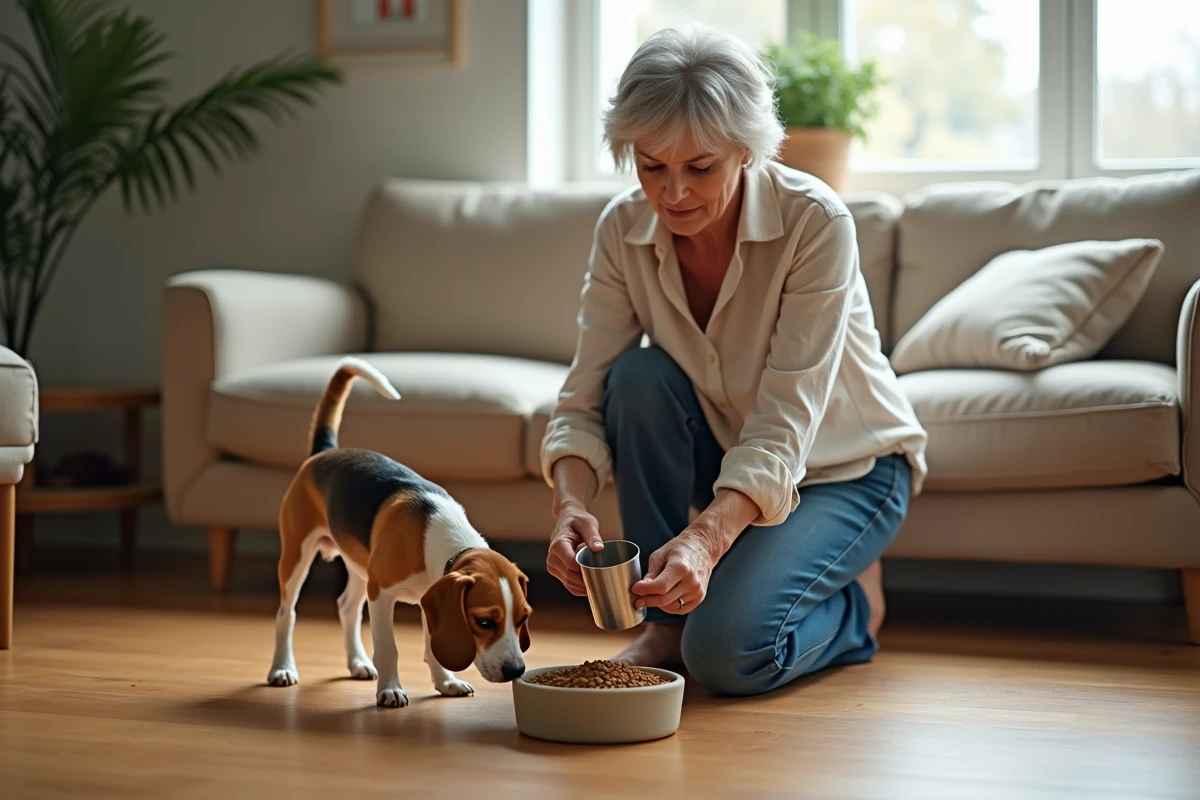Femme mesurant la portion de nourriture quotidienne pour son chien beagle à la maison