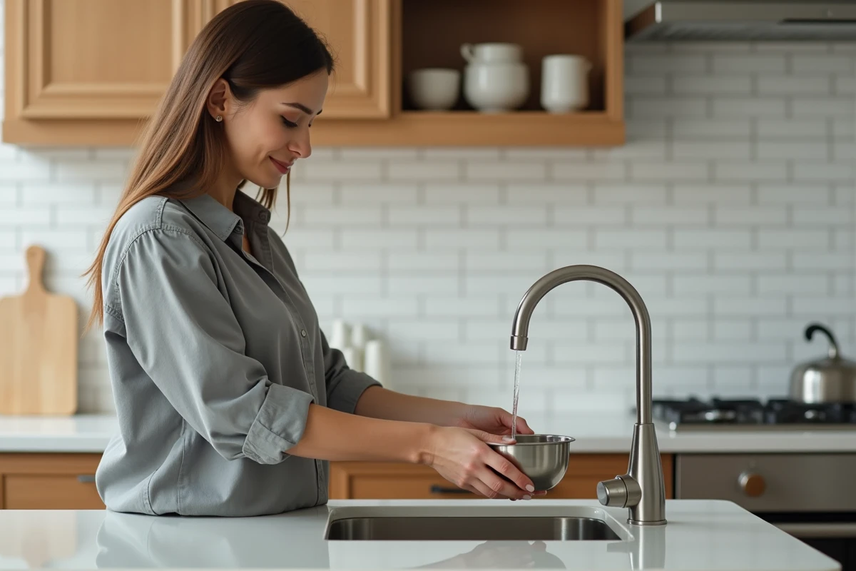 Femme changeant l'eau du bol de son chat au robinet de cuisine avec soin
