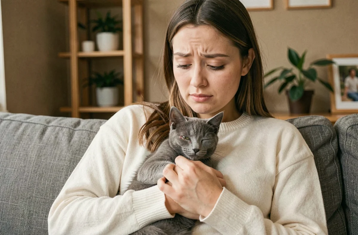 Femme soignant son chaton à la maison pendant la guérison d'un ulcère de l'œil
