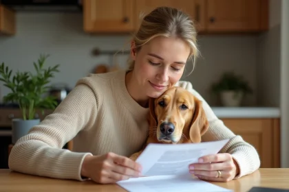 Femme examinant un document d'assurance animaux de compagnie avec son golden retriever posant la tête sur ses genoux
