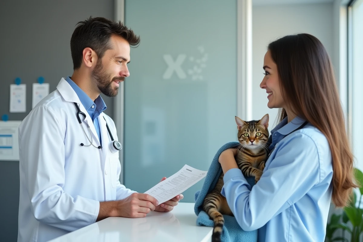Vétérinaire remettant une estimation de frais à une propriétaire de chat dans une clinique vétérinaire