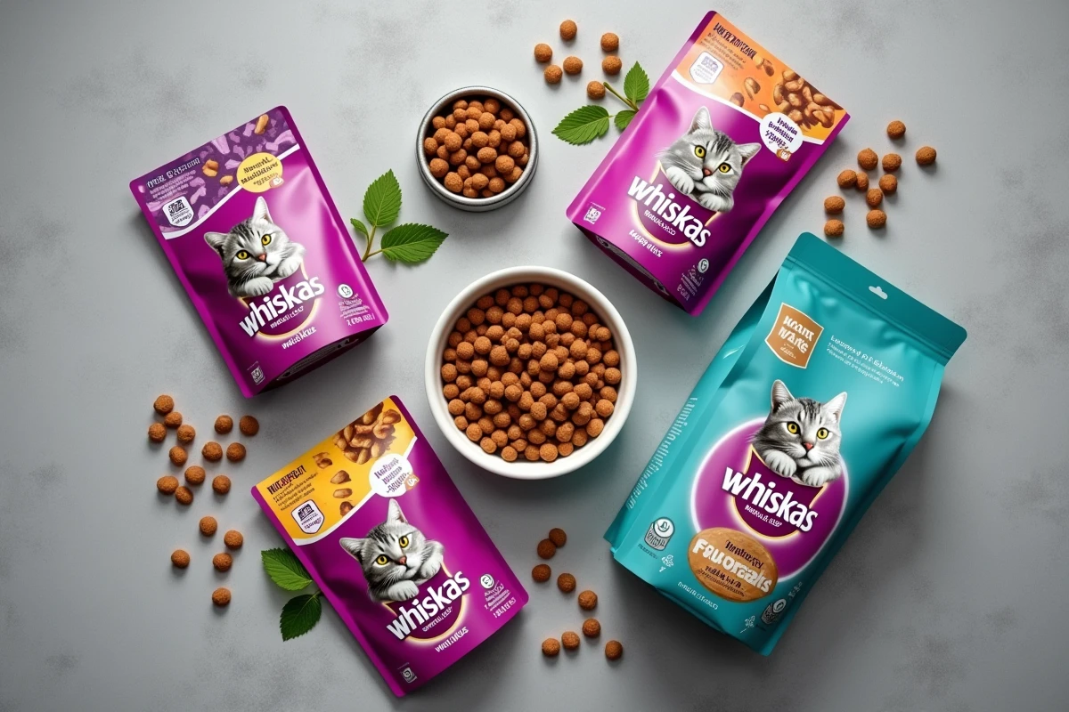 Vue aérienne de différents produits Whiskas incluant des sachets, une boîte et des croquettes disposés sur une surface grise