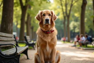 Golden Retriever adulte assis sur un banc dans un parc parisien, race de chien la plus populaire en France