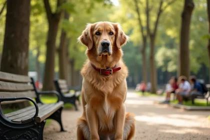 Golden Retriever adulte assis sur un banc dans un parc parisien, race de chien la plus populaire en France