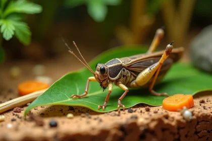 Gros plan macro d'un grillon mangeant une feuille verte avec des morceaux de carottes et d'herbe séchée dans un terrarium naturel