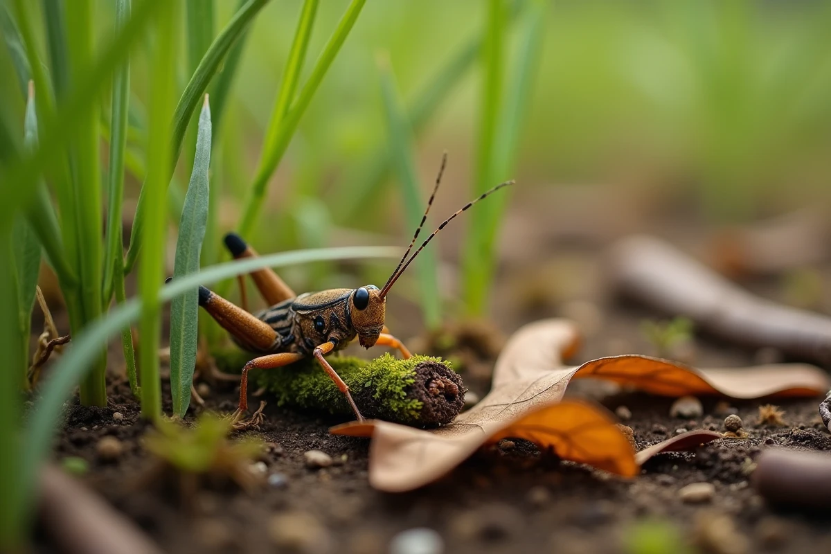 Grillon sauvage dans son habitat naturel en prairie, se nourrissant de matière végétale parmi l'herbe et les feuilles mortes