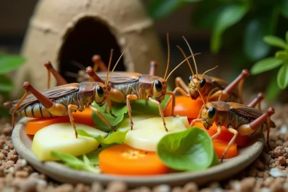 Grillons domestiques mangeant des légumes frais dans un terrarium — régime alimentaire naturel pour l'élevage de grillons