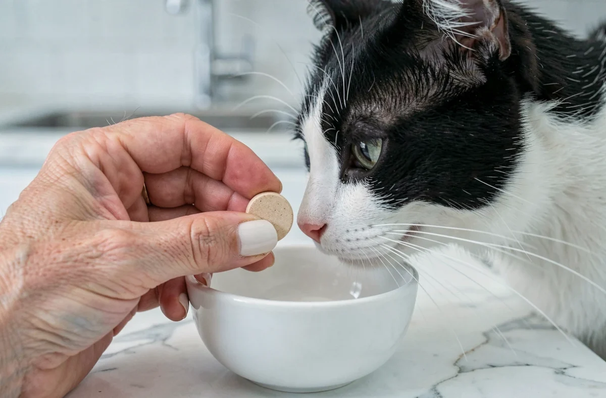 Gros plan d'un comprimé antiparasitaire tenu à la main près du museau d'un chat noir et blanc sur un plan de travail en marbre