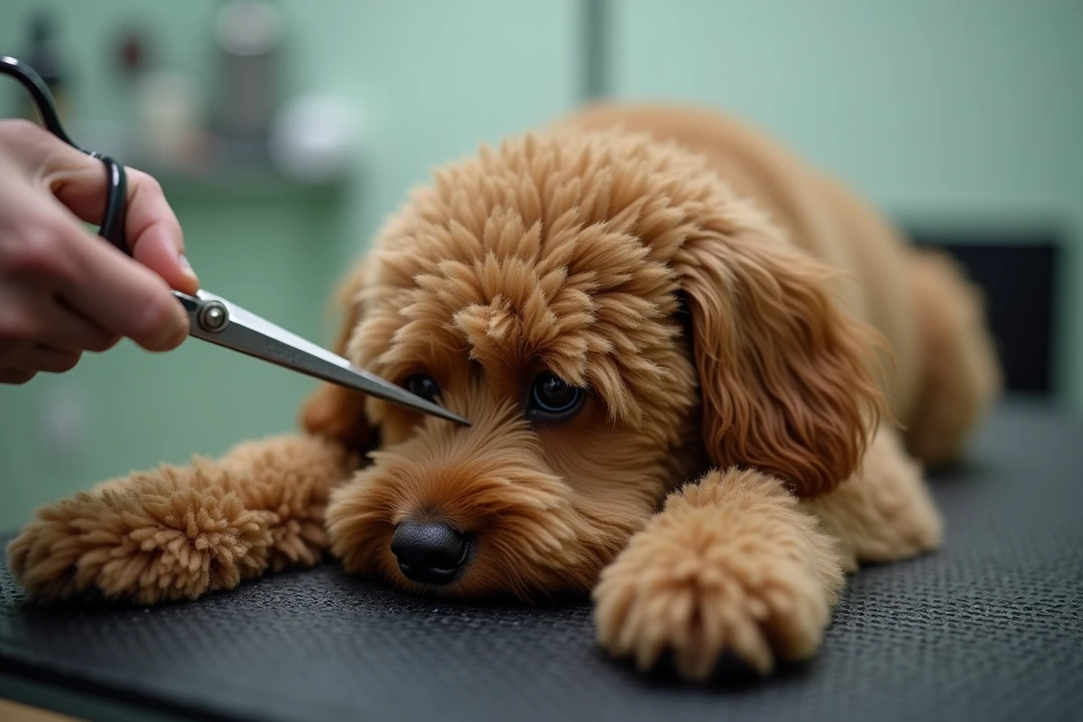 Gros plan sur des ciseaux effileurs qui coupent les bourres de poils entre les doigts d'un chien doodle sur une table de toilettage