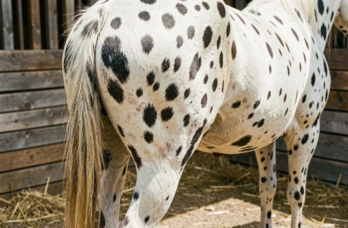Gros plan sur la croupe et les taches caractéristiques d'un Appaloosa pur-sang, détails de robe pour reconnaître la race