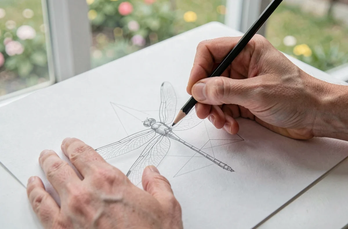 Gros plan de mains adultes dessinant les ailes détaillées d'une libellule au crayon sur papier blanc
