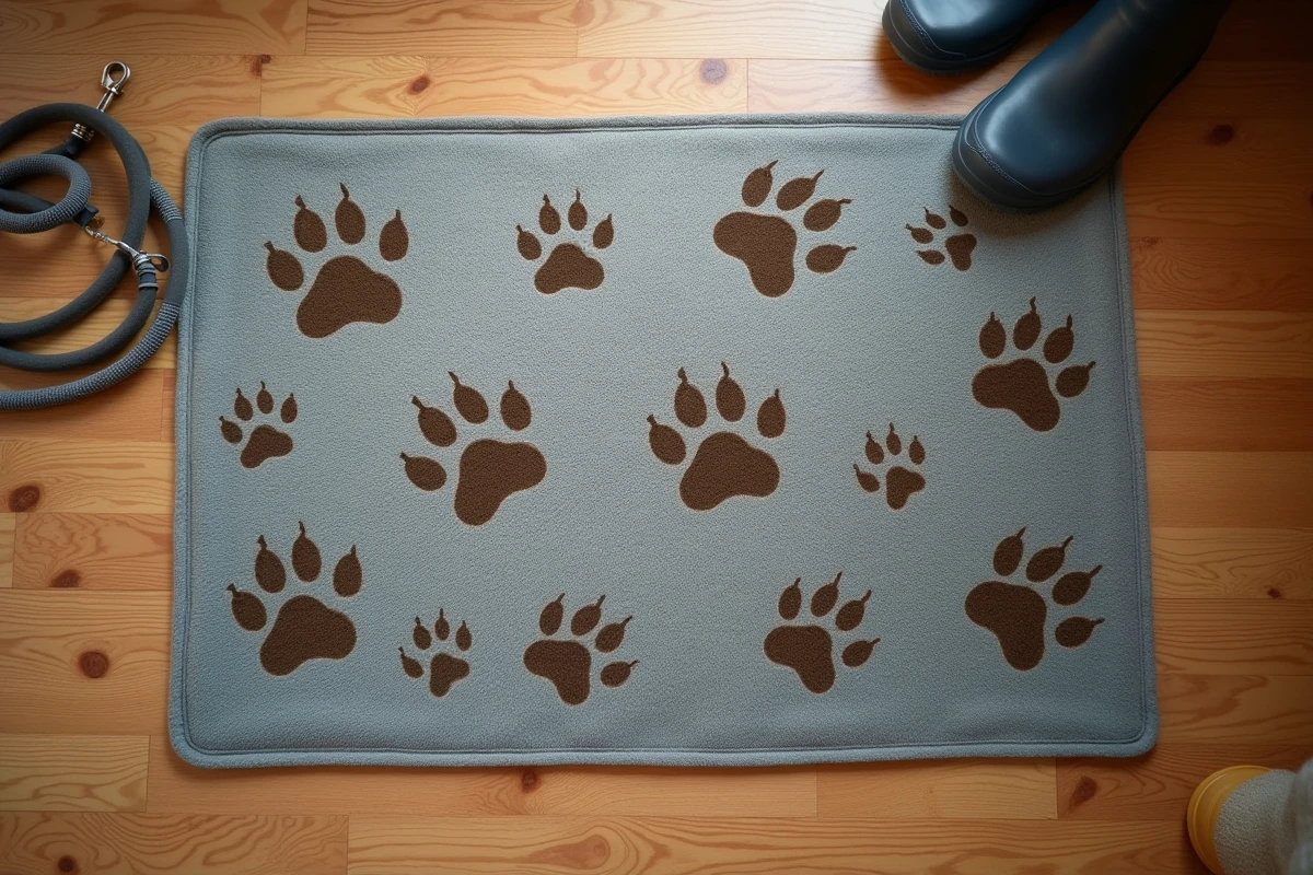 Gros plan d'un tapis absorbant pour chien avec empreintes de pattes boueuses sur parquet