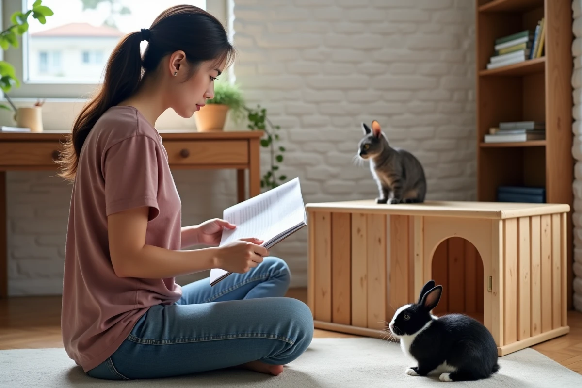 Jeune femme lisant un guide pratique sur l'introduction d'un second animal, avec un lapin dans son enclos et un chat observant à distance
