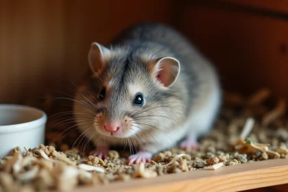 Hamster russe âgé se reposant dans sa cage confortable avec litière douce et accessoires adaptés aux soins des vieux hamsters