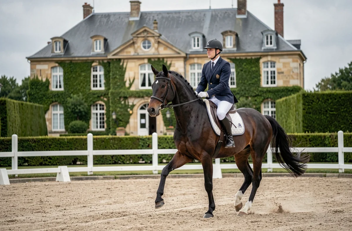 Cavalière en tenue d'équitation dirigeant un cheval de dressage au Haras de Marigny en Côte-d'Or