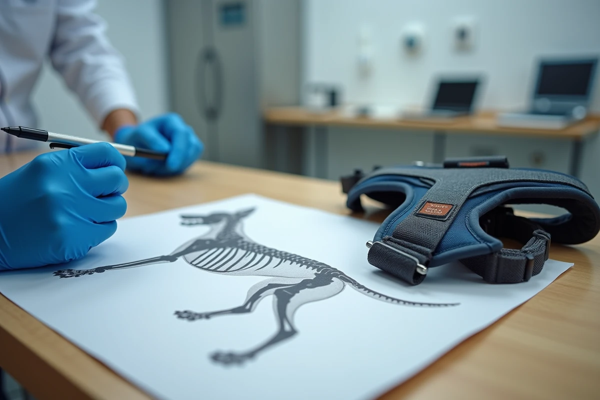 Harnais pour chien posé sur une table vétérinaire à côté d'un schéma anatomique illustrant les zones de pression et les risques pour la colonne et les épaules du chien