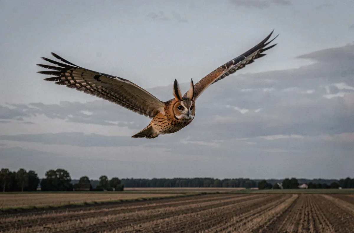 Hibou moyen-duc en vol au-dessus d'un champ au crépuscule, aigrettes visibles et silhouette effilée caractéristique